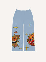 Evil Sun&Moon&Star&Cloud Faux Decal Print Elastic Waist Pants