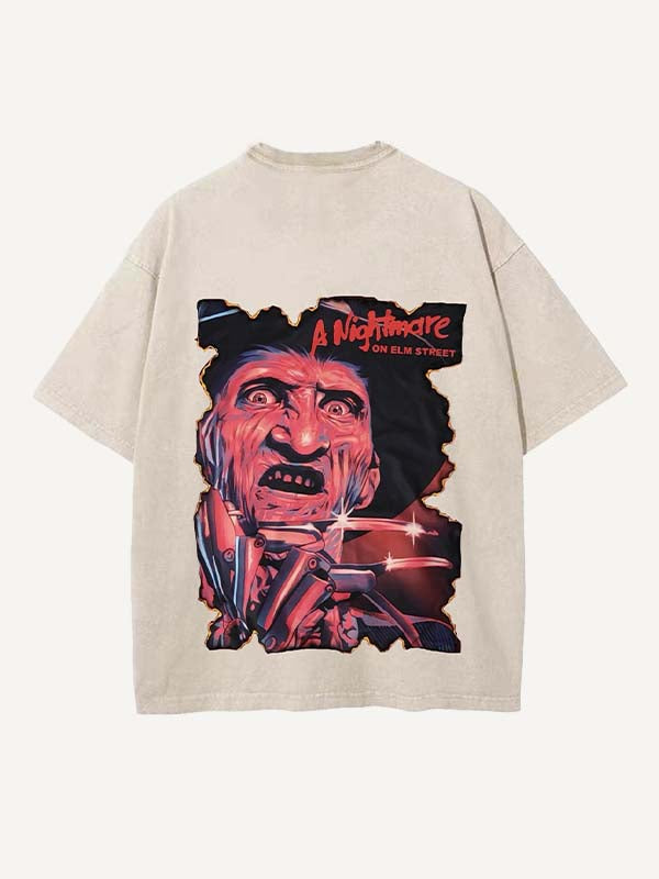 Distressed Washed Horror Print Round Neck T-shirt