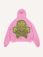 Distressed Washed Cross&Skull Faux Decal Print Slant Pockets Hoodie