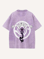 Distressed Washed Figure&Sword&Monsters&Letter Print Round Neck T-shirt