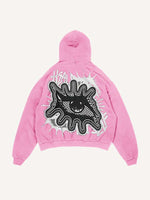 Distressed Washed Eye&Letter Faux Decal Print Slant Pockets Hoodie