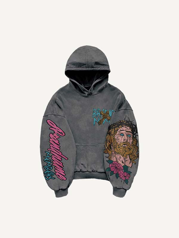 Figure&Letter&Cross Print Slant Pockets Hoodie