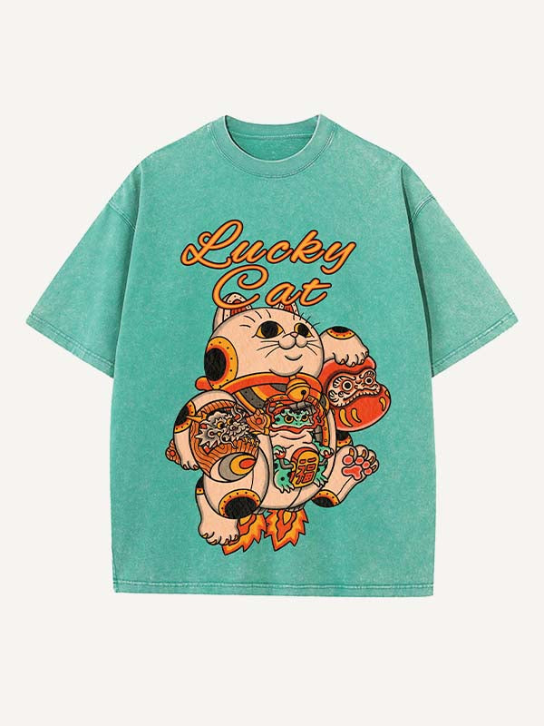 Distressed Washed Cat&Dragon&Animal&Graphic Print Round Neck T-shirt