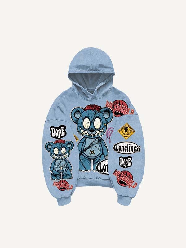 Bear&Graphic&Letter Faux Decal Print Slant Pockets Hoodie