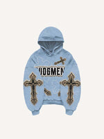 Cross&Wing Faux Decal Print Slant Pockets Hoodie