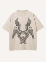 Distressed Washed Wing&Eye&Graphic Print Round Neck T-shirt