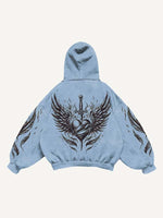 Figure&Wing&Heart&Sword Print Slant Pockets Hoodie
