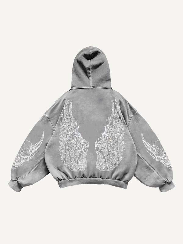 Demon&Wing&Letter Faux Decal Print Slant Pockets Hoodie