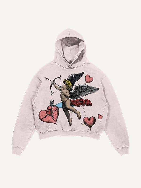 Distressed Washed Cupid&Heart Print Slant Pockets Hoodie