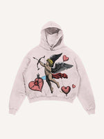 Distressed Washed Cupid&Heart Print Slant Pockets Hoodie