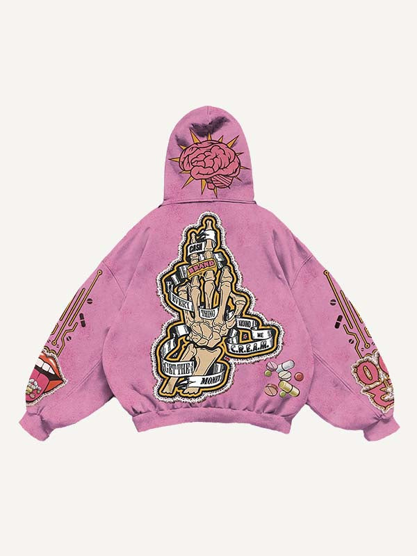 Skeleton Injection Medicine&Letter Faux Decal Print Slant Pockets Hoodie