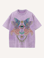 Distressed Washed Eye&Wing Print Round Neck T-shirt