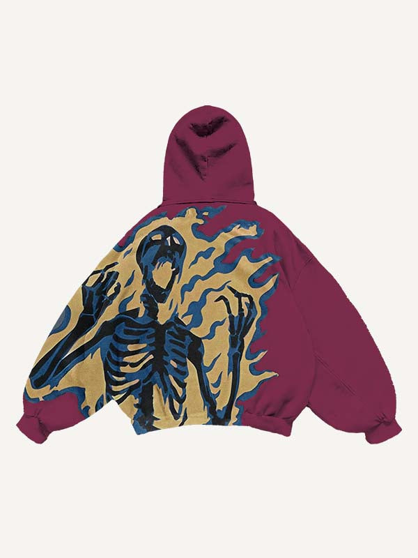 Fire Skeleton Print Slant Pockets Hoodie