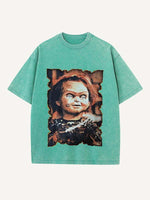 Distressed Washed Horror Print Round Neck T-shirt
