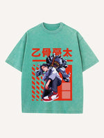 Distressed Washed Figure&Sword&Monsters&Letter Print Round Neck T-shirt