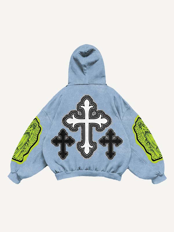 Figure&Pray&Cross Faux Decal Print Slant Pockets Hoodie