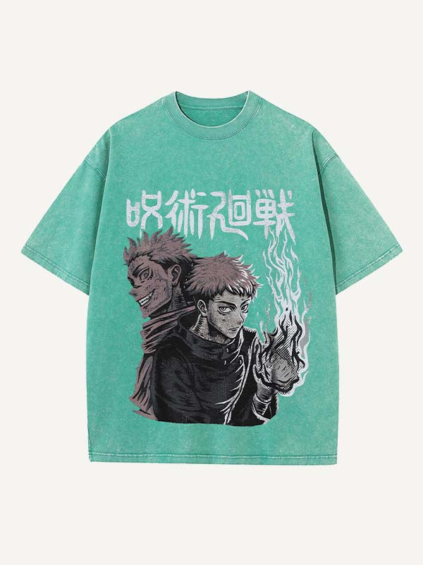 Distressed Washed Figure&Graphic&Fire Print Round Neck T-shirt