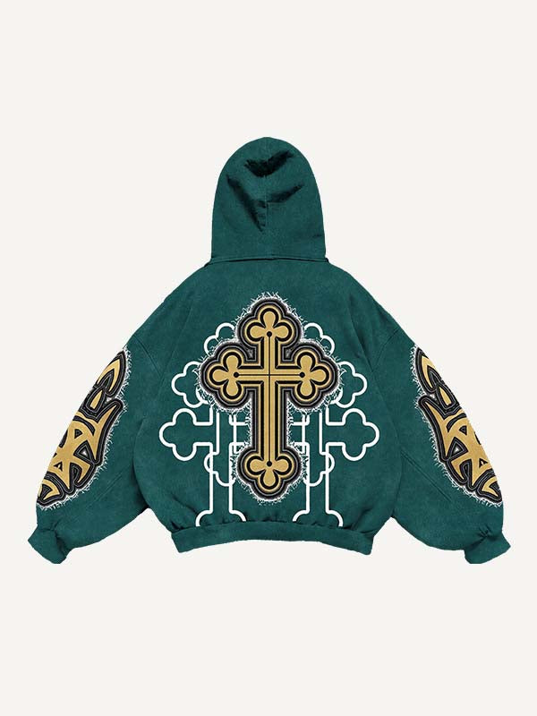 Cross&Letter&Graphic Faux Decal Print Slant Pockets Hoodie