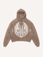 Distressed Washed Demon&Wing&Letter Faux Rhinestones Print Slant Pockets Hoodie