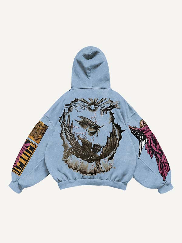 Figure&Wing&Eye&Palm&Graphic&Letter Print Slant Pockets Hoodie