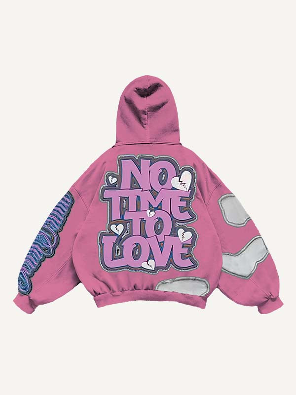 No Time To Love&Heart Faux Decal Print Slant Pockets Hoodie