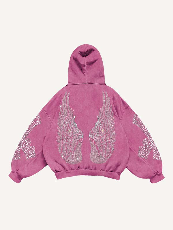 Skull&Wing&Cross Faux Rhinestones Print Slant Pockets Hoodie