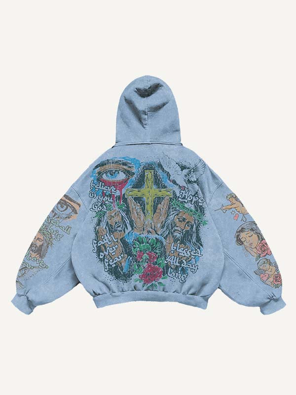 Jesus&Mary&Angel&Pigeon&Eye&Cross&Heart&Wing&Floral&Letter Print Slant Pockets Hoodie