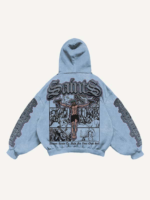 Figure&Gun&Letter Faux Decal Print Slant Pockets Hoodie