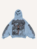 Figure&Gun&Letter Faux Decal Print Slant Pockets Hoodie