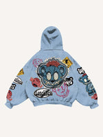 Bear&Graphic&Letter Faux Decal Print Slant Pockets Hoodie