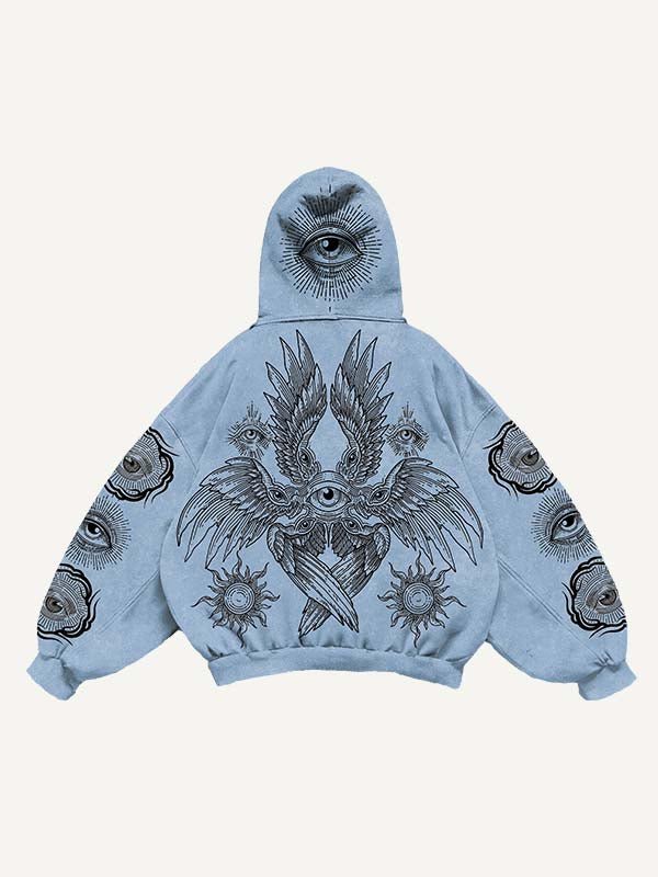 Eye&Wing&Sun Print Slant Pockets Hoodie