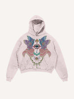 Distressed Washed Eye&Wing Print Slant Pockets Hoodie