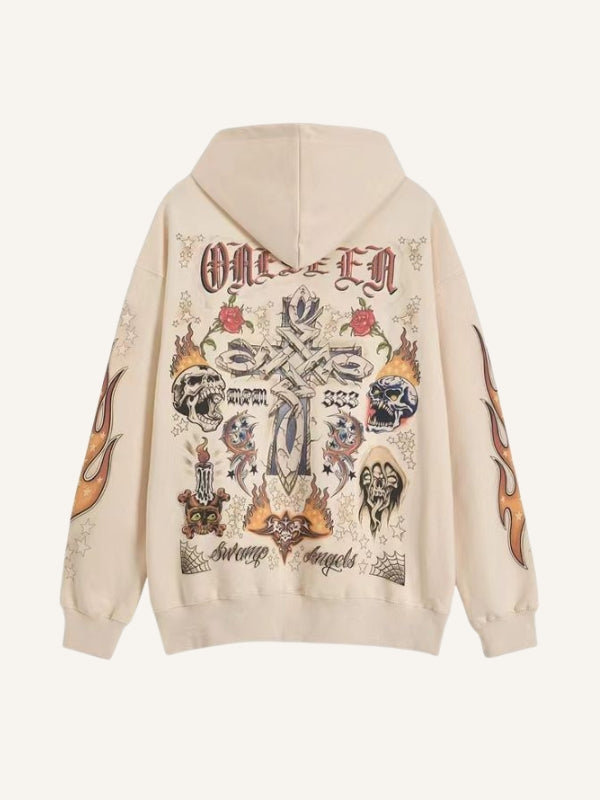 Fire&Cross&Pray&Skull&Figure&Graphic&Letter Print Slant Pockets Hoodie