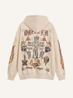 Fire&Cross&Pray&Skull&Figure&Graphic&Letter Print Slant Pockets Hoodie