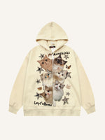 Cat&Star&Letter Print Zip Up Hooded Coat