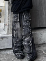 Distressed Washed Solid Color Multiple Pockets Jeans