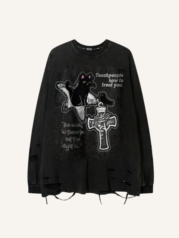 Cat&Cross&Letter Print Hole Tops