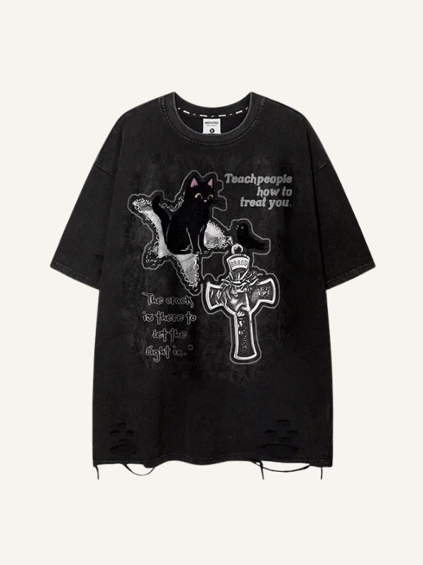 Cat&Cross&Letter Print Hole Tops