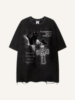 Cat&Cross&Letter Print Hole Tops