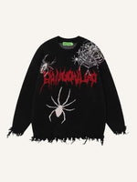 Spider&Web&Letter Jacquard Hole Round Neck Knit Sweater