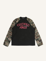 Camo Splicing Letter Print V Neck Long-sleeved T-shirt
