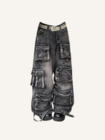 Distressed Washed Solid Color Multiple Pockets Jeans