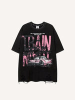 Distressed Washed Letter&Car Print Hole Round Neck T-shirt