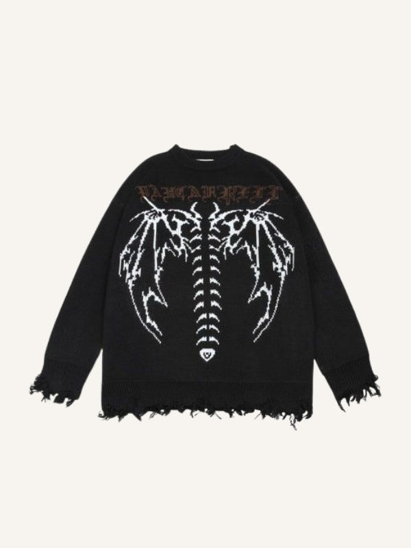 Skeleton&Wing&Letter Jacquard Round Neck Knit Sweater