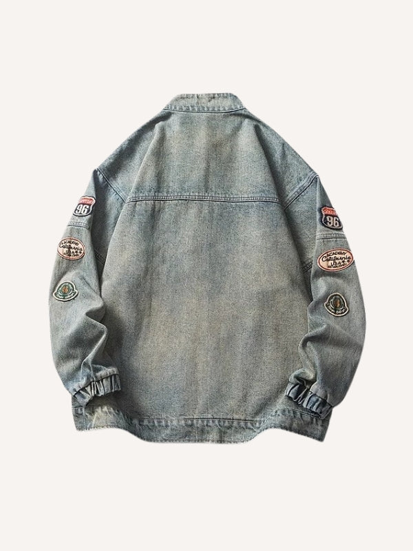 Distressed Washed Badge Embroidery Zip Up Denim Jacket