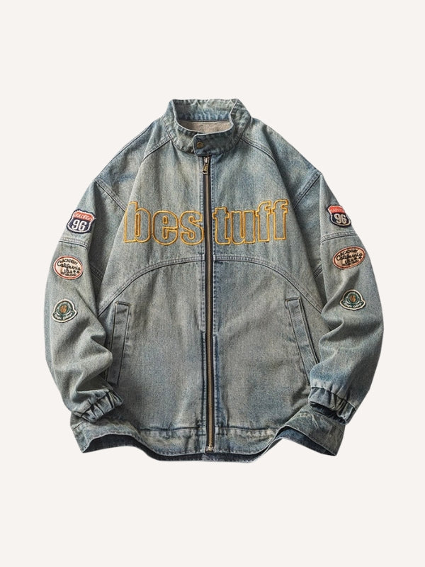 Distressed Washed Badge Embroidery Zip Up Denim Jacket