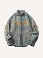 Distressed Washed Badge Embroidery Zip Up Denim Jacket