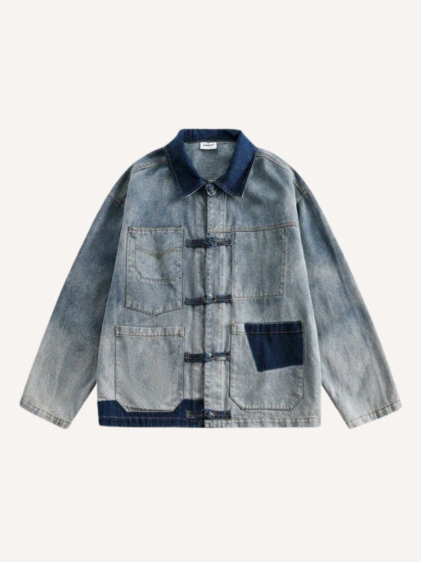 Distressed Washed Colorblock Button Denim Jacket