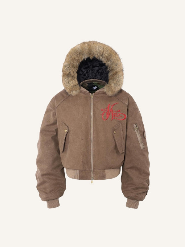 Letter Embroidery Fur-collared Cotton Coat