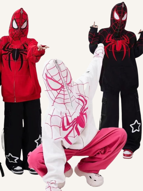 Spider&Web Print Zip Up Hooded Coat